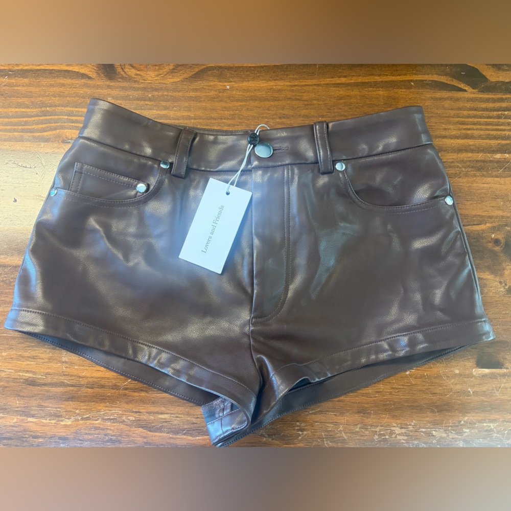 Lovers + Friends High-Waist Faux Leather Shorts in Chocolate Brown